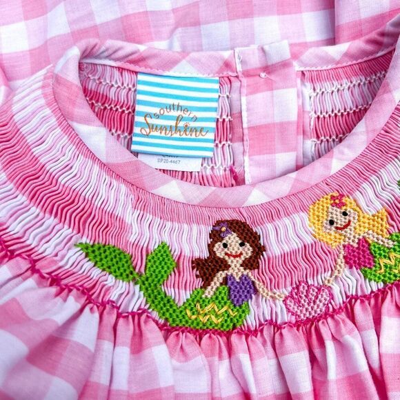 Southern Sunshine Classic Whimsy Mermaid Smocked Embroidered Pink Plaid Dress 6 - Picture 6 of 7